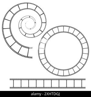 Filmstrip spiral designs. Circular and linear patterns. Black vector illustration. Movie reel. Stock Vector