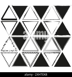 Abstract triangle icons. Geometric border patterns. Black and white vector. Distressed design elements. Stock Vector