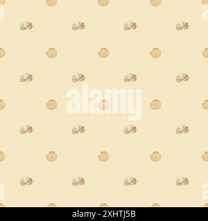 Seamless pattern of beige sea shells, stars and pebbles watercolor ...