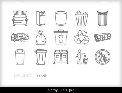 Set of trash, garbage, recycling, rubbish, and landfill line icons for disposal of unwanted items Stock Vector