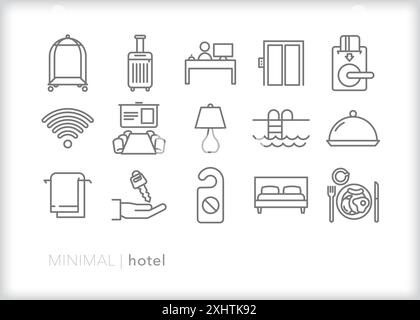 Set of hotel line icons of amenities and items guests expect to find when they stay at a hotel Stock Vector