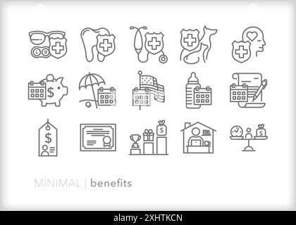 Set of benefits line icons of insurance, compensation, and rewards of full-time employees Stock Vector
