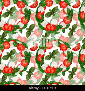 Seamless watercolor pattern with tomatoes, basil, and garlic. Perfect for culinary, kitchen, food themes. Digital art in watercolor style, on a white background, for printing on fabric and paper. Stock Photo