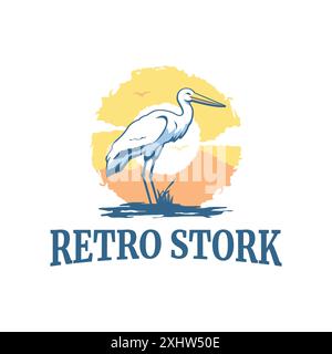 Retro Stork Animal Circle Sky Sunrise Nature Vintage Logo Template Stock Vector