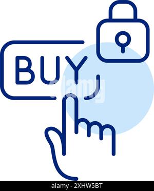 Finger clicking on buy button and lock. Secure checkout, encrypted purchase. Pixel perfect, editable stroke vector icon Stock Vector