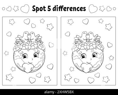 Find five differences. Coloring page for kids. Activity worksheet for children. Vector illustration isolated on white background. Stock Vector