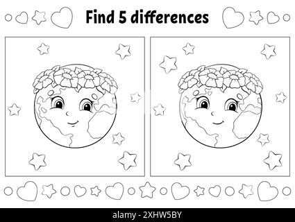 Find five differences. Coloring page for kids. Activity worksheet for children. Vector illustration isolated on white background. Stock Vector