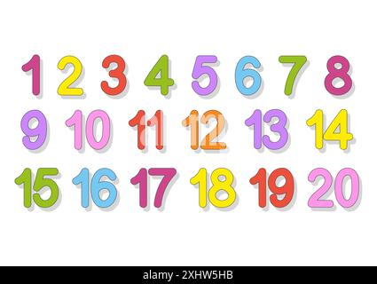 A set of numbers from one to twenty. Bright colorful collection. For teaching children. Simple flat vector illustration isolated on white background. Stock Vector