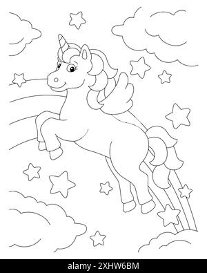 A unicorn flying across the sky. Coloring book page for kids. Cartoon ...