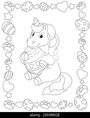 Unicorn and Easter egg. Coloring book page for kids. Cartoon style character. Vector illustration isolated on white background. Stock Vector