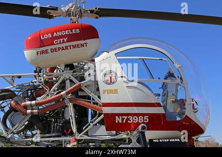 Los Angeles, California, USA - Nov. 12, 2022: A retired and restored Bell 47G helicopter, owned by the L.A. Fire Department Museum, is displayed. Stock Photo