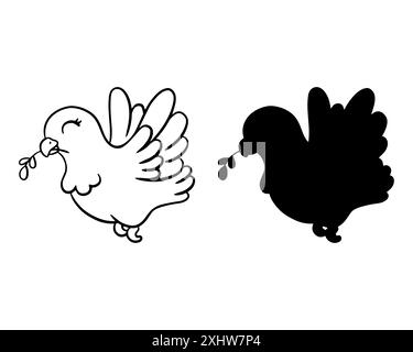 Black silhouette dove. Design element. Vector illustration isolated on white background. Template for books, stickers, posters, cards, clothes. Stock Vector
