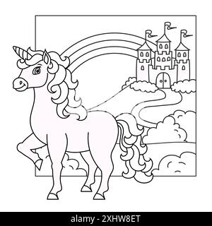 Cute unicorn. Magic fairy horse. Landscape with a beautiful castle. Coloring book page for kids. Cartoon style. Vector illustration isolated on white Stock Vector