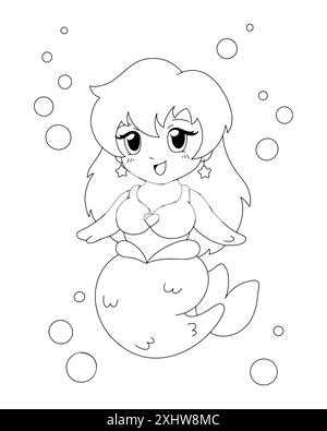 Coloring book page for kids. Beautiful plump little mermaid. Cartoon style character. Vector illustration isolated on white background. Stock Vector