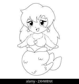 Beautiful plump little mermaid. Coloring book page for kids. Cartoon style character. Vector illustration isolated on white background. Stock Vector