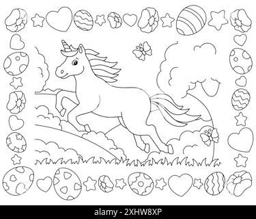 A cheerful unicorn jumps on the grass. Coloring book page for kids ...