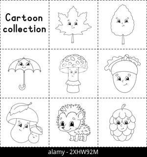 Autumn theme. Coloring book page for kids. Cartoon style character. Vector illustration isolated on white background. Stock Vector