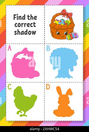 Find the correct shadow. Easter theme. Education developing worksheet for kids. Puzzle game. Activity page. cartoon character. Vector illustration. Stock Vector