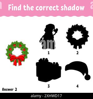 Find the correct shadow. Education developing worksheet. Christmas theme. Matching game for kids. Activity page. Puzzle for children. cartoon characte Stock Vector