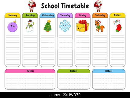 School schedule. Timetable for schoolboys. Empty template. Weekly planer with notes. cartoon character. Vector illustration. Stock Vector
