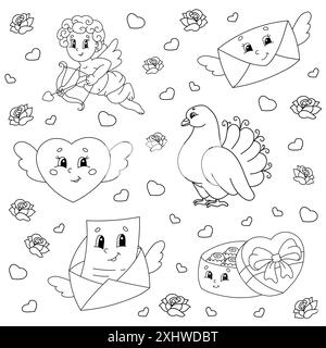 Coloring book for kids. Valentine's Day clipart. Cheerful characters. Vector illustration. Cute cartoon style. Black contour silhouette. Isolated on w Stock Vector