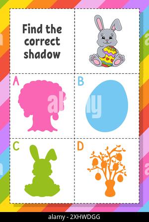 Find the correct shadow. Easter theme. Education developing worksheet for kids. Puzzle game. Activity page. cartoon character. Vector illustration. Stock Vector
