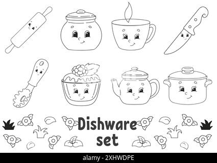 Coloring book for kids. Cheerful characters. Dishware theme. Vector illustration. Cute cartoon style. Black contour silhouette. Isolated on white back Stock Vector