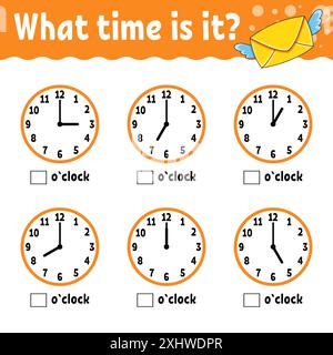 Learning time on the clock. Educational activity worksheet for kids and toddlers. Game for children. Simple flat isolated color vector illustration in Stock Vector