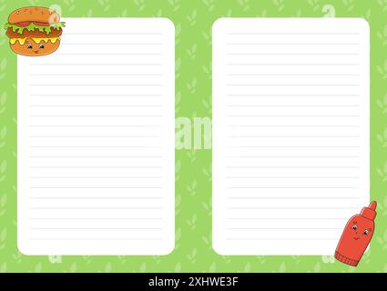 Colored sheet template for notes. Paper page for journal, notebook, diary, letters, schedule, organizer. Cute cartoon character. Lined sheet. Vector i Stock Vector