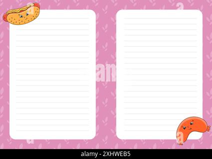 Colored sheet template for notes. Paper page for journal, notebook, diary, letters, schedule, organizer. Cute cartoon character. Lined sheet. Vector i Stock Vector
