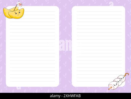 Colored sheet template for notes. Paper page for journal, notebook, diary, letters, schedule, organizer. Cute cartoon character. Lined sheet. Vector i Stock Vector