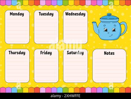 School schedule. Timetable for schoolboys. Empty template. Weekly planer with notes. Isolated color vector illustration. cartoon character. Stock Vector