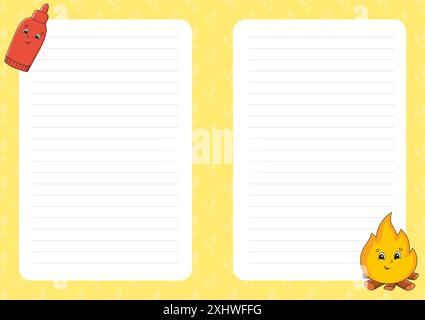 Colored sheet template for notes. Paper page for journal, notebook, diary, letters, schedule, organizer. Cute cartoon character. Lined sheet. Vector i Stock Vector