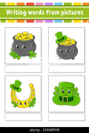 Writing words from pictures. Education developing worksheet. Activity page for kids. Puzzle for children. Isolated vector illustration. cartoon charac Stock Vector