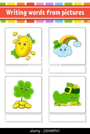 Writing words from pictures. Education developing worksheet. Activity page for kids. Puzzle for children. Isolated vector illustration. cartoon charac Stock Vector