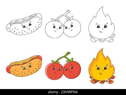 Set coloring page for kids. Cute cartoon characters. Black stroke. With sample. Vector illustration. Barbecue theme. Stock Vector