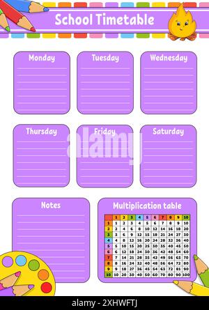 School timetable with multiplication table. For the education of children. Isolated on a white background. With a cute cartoon character. Stock Vector