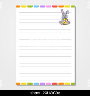 Sheet template for notebook, notepad, diary. Lined paper. Cute character. Easter theme. Isolated vector illustration. cartoon style. Stock Vector