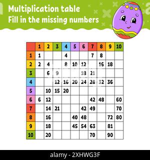Paste the missing numbers. Learning multiplication table. Handwriting practice. Education developing worksheet. Color activity page. Game for children Stock Vector