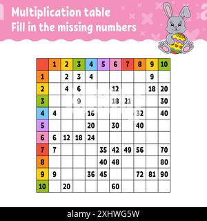 Paste the missing numbers. Learning multiplication table. Handwriting practice. Education developing worksheet. Color activity page. Game for children Stock Vector