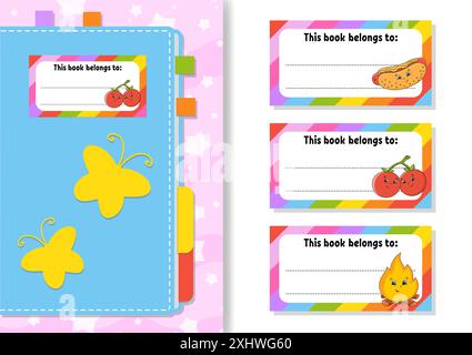 Book label stickers for kids. The rectangular shape. Isolated color vector illustration. cartoon character. For the diary, notebook, book. Stock Vector