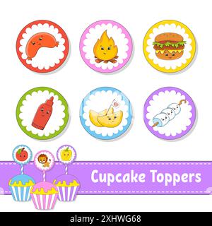 Cupcake Toppers. Set of six round pictures. Barbecue theme. cartoon characters. Cute image. For birthday, baby shower. Stock Vector
