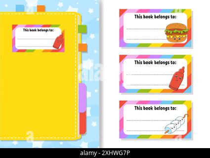 Book label stickers for kids. The rectangular shape. Isolated color vector illustration. cartoon character. For the diary, notebook, book. Stock Vector