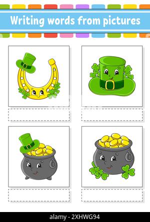 Writing words from pictures. Education developing worksheet. Activity page for kids. Puzzle for children. Isolated vector illustration. cartoon charac Stock Vector