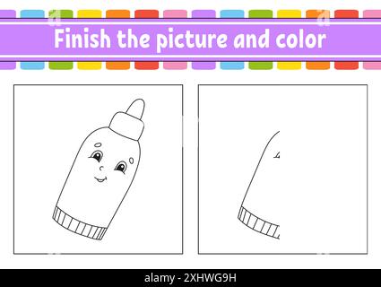 Finish the picture and color. cartoon character isolated on white background. For kids education. Activity worksheet. Stock Vector