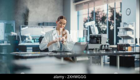 Portrait of Professional Female Scientist Working in Industrial Lab Using Laptop Computer. Successful Project Manager Making Strategy Plans for Industrial Production Company, Using Advanced Technology Stock Photo