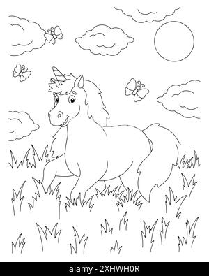 The unicorn jumps on the grass. Coloring book page for kids. Cartoon ...