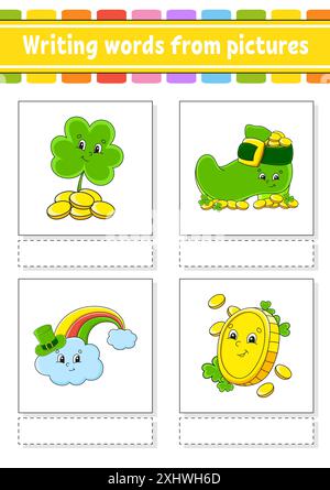 Writing words from pictures. Education developing worksheet. Activity page for kids. Puzzle for children. Isolated vector illustration. cartoon charac Stock Vector