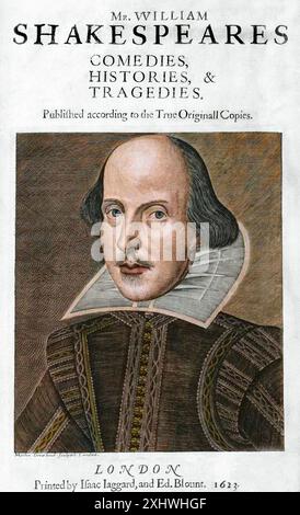 Portrait of William Shakespeare (1564-1616), engraved by Martin Droeshout (1601-1639) on the frontispiece of the first complete edition of his works published in 1623.  Later colouring. Digitally colourized image Stock Photo