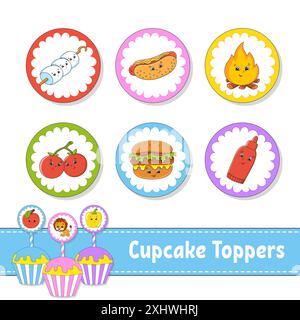 Cupcake Toppers. Set of six round pictures. Barbecue theme. cartoon characters. Cute image. For birthday, baby shower. Stock Vector